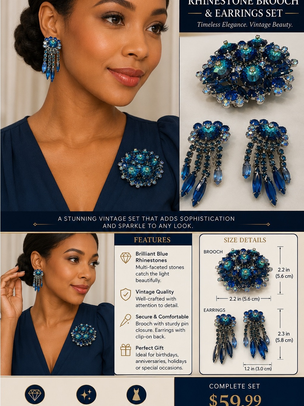 Vintage Blue Rhinestone Brooch & Earrings Set - Elegant Navy Sparkle